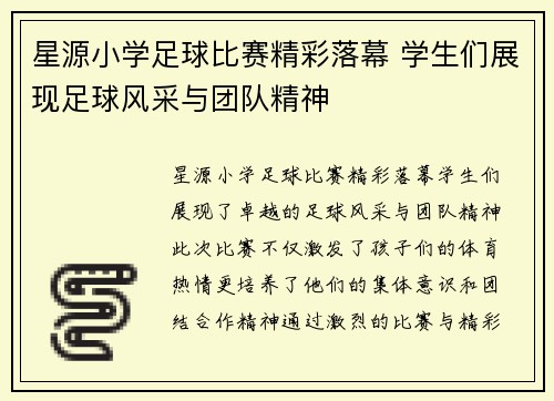 星源小学足球比赛精彩落幕 学生们展现足球风采与团队精神