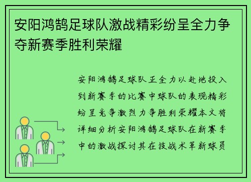 安阳鸿鹄足球队激战精彩纷呈全力争夺新赛季胜利荣耀