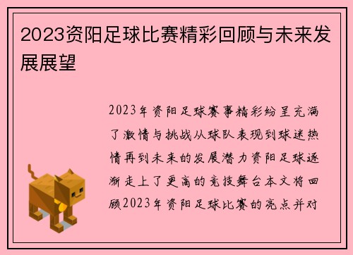 2023资阳足球比赛精彩回顾与未来发展展望