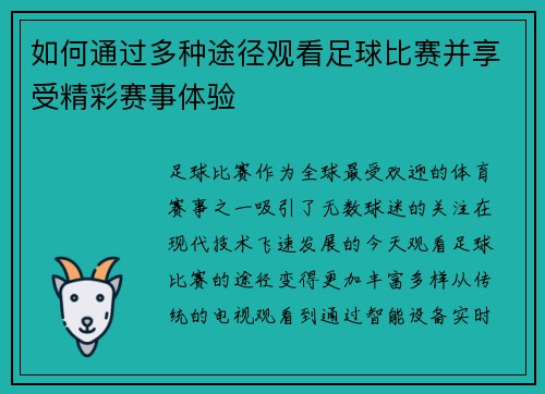 如何通过多种途径观看足球比赛并享受精彩赛事体验