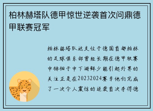 柏林赫塔队德甲惊世逆袭首次问鼎德甲联赛冠军