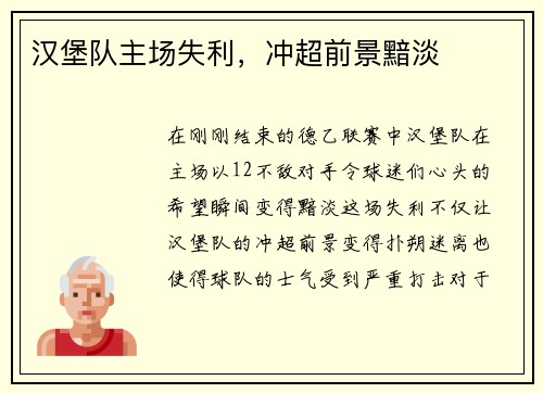 汉堡队主场失利，冲超前景黯淡