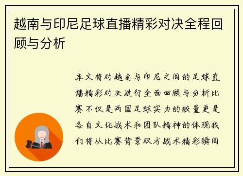 越南与印尼足球直播精彩对决全程回顾与分析