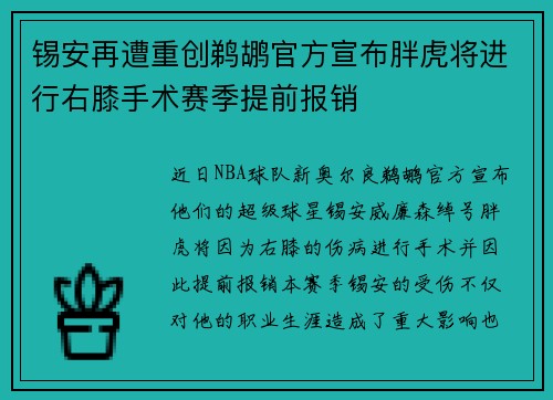 锡安再遭重创鹈鹕官方宣布胖虎将进行右膝手术赛季提前报销