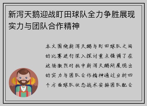 新泻天鹅迎战盯田球队全力争胜展现实力与团队合作精神