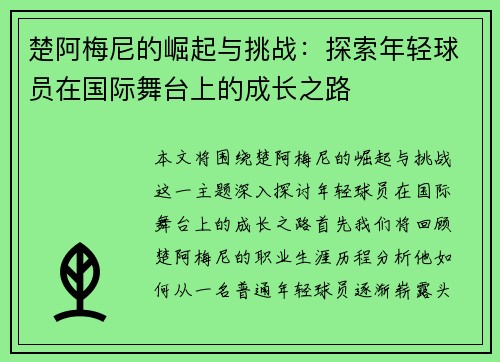 楚阿梅尼的崛起与挑战：探索年轻球员在国际舞台上的成长之路
