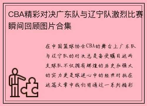 CBA精彩对决广东队与辽宁队激烈比赛瞬间回顾图片合集