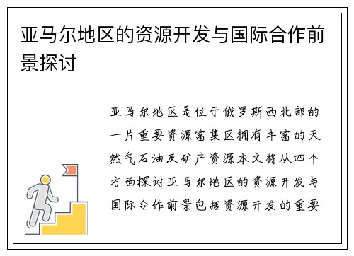 亚马尔地区的资源开发与国际合作前景探讨
