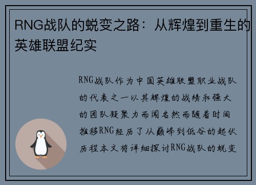 RNG战队的蜕变之路：从辉煌到重生的英雄联盟纪实