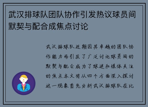 武汉排球队团队协作引发热议球员间默契与配合成焦点讨论